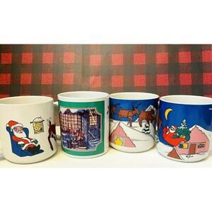 Retro Christmas Mugs 4 Coffee Cocoa Tea Mugs Holiday Traditions Stoneware
